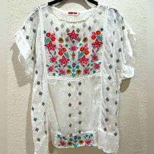 Johnny Was White Embroidered Floral Peasant Blouse
